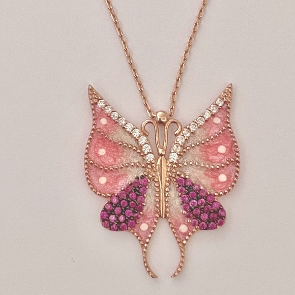 Jewelry - Butterfly necklace 925 silver white pink enamel cubic zirconia cz stones